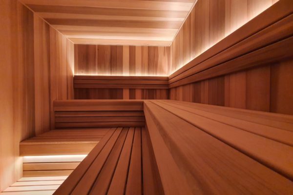 Custom-built indoor sauna in red cedar Geneva Switzerland