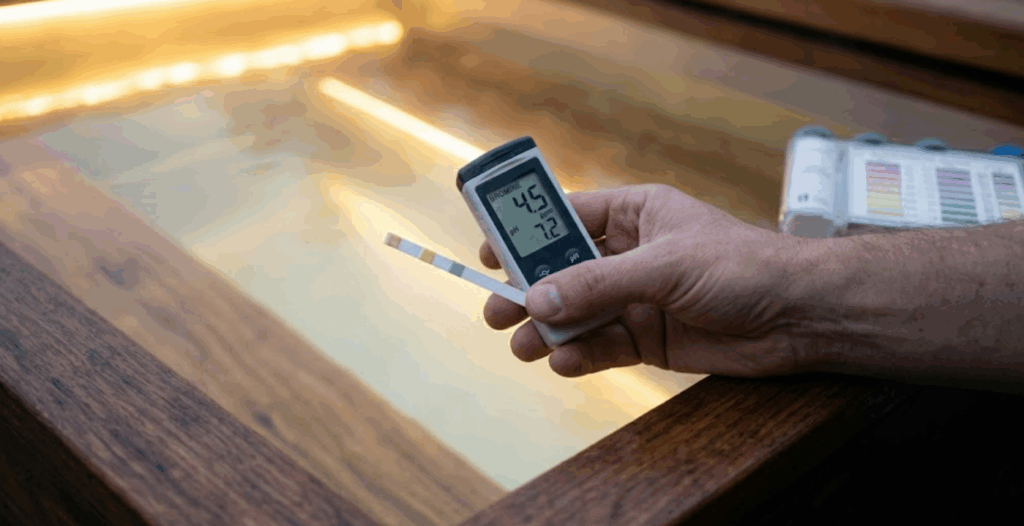 Une main d'adulte (tenant discrètement une alliance, suggérant un propriétaire de gîte ou un particulier méticuleux) effectue une mesure de l'eau. Une main d'adulte (tenant discrètement une alliance, suggérant un propriétaire de gîte ou un particulier méticuleux) effectue une mesure de l'eau.