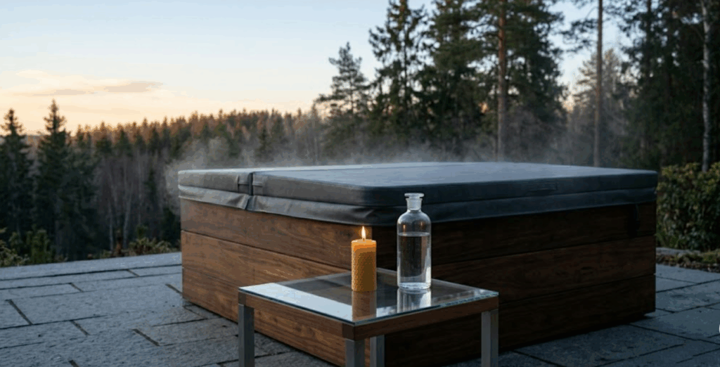 Une vue d'ensemble large et apaisante du spa en bois parfaitement intégré dans une terrasse en cèdre. Une vue d'ensemble large et apaisante du spa en bois parfaitement intégré dans une terrasse en cèdre.