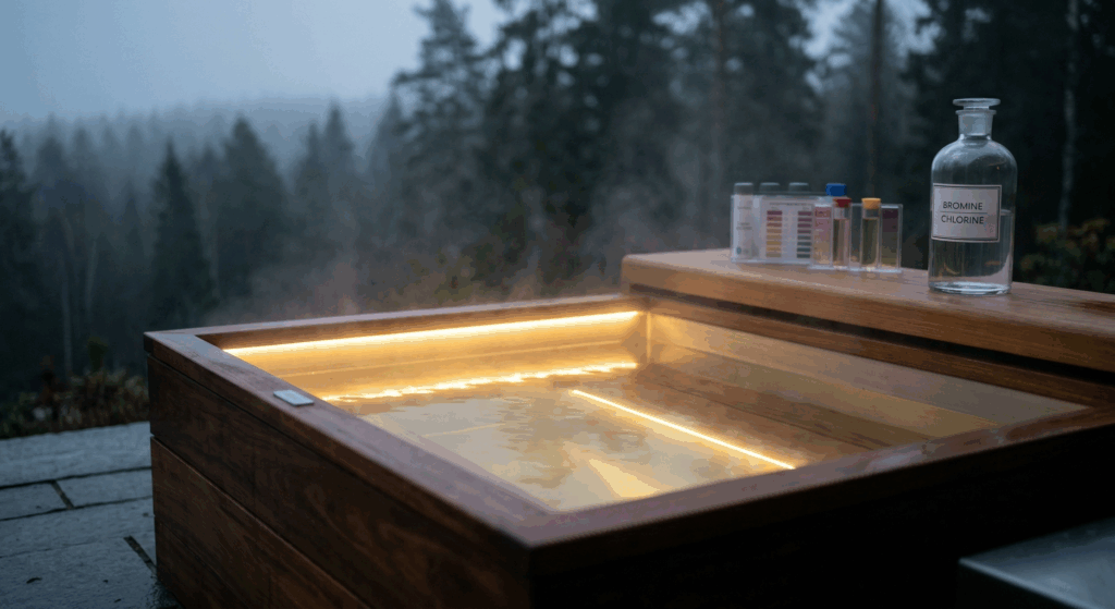 Une vue en plongée d'un spa scandinave en bois massif (Atelier Nordic), fumant doucement dans la pénombre d'un début de soirée.