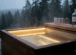 Une vue en plongée d'un spa scandinave en bois massif (Atelier Nordic), fumant doucement dans la pénombre d'un début de soirée.
