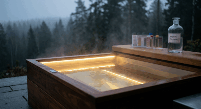 Une vue en plongée d'un spa scandinave en bois massif (Atelier Nordic), fumant doucement dans la pénombre d'un début de soirée.