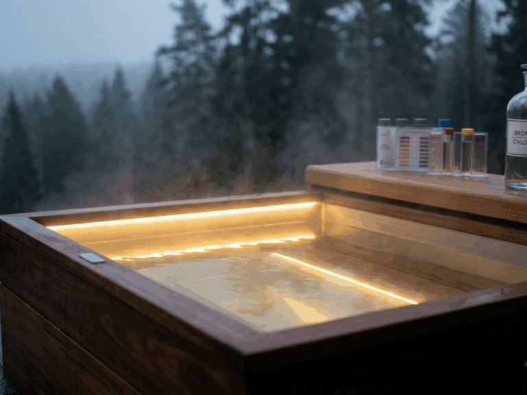 Une vue en plongée d'un spa scandinave en bois massif (Atelier Nordic), fumant doucement dans la pénombre d'un début de soirée.