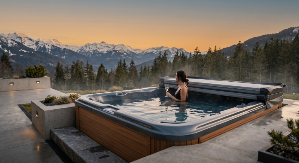 Spa extérieur haut de gamme avec une femme de dos savourant un verre face à un panorama de montagnes enneigées et de sapins au coucher du soleil. La couverture du jacuzzi est partiellement repliée sur le côté.