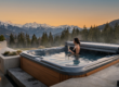 Spa extérieur haut de gamme avec une femme de dos savourant un verre face à un panorama de montagnes enneigées et de sapins au coucher du soleil. La couverture du jacuzzi est partiellement repliée sur le côté.