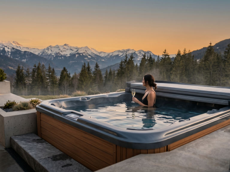 Spa extérieur haut de gamme avec une femme de dos savourant un verre face à un panorama de montagnes enneigées et de sapins au coucher du soleil. La couverture du jacuzzi est partiellement repliée sur le côté.