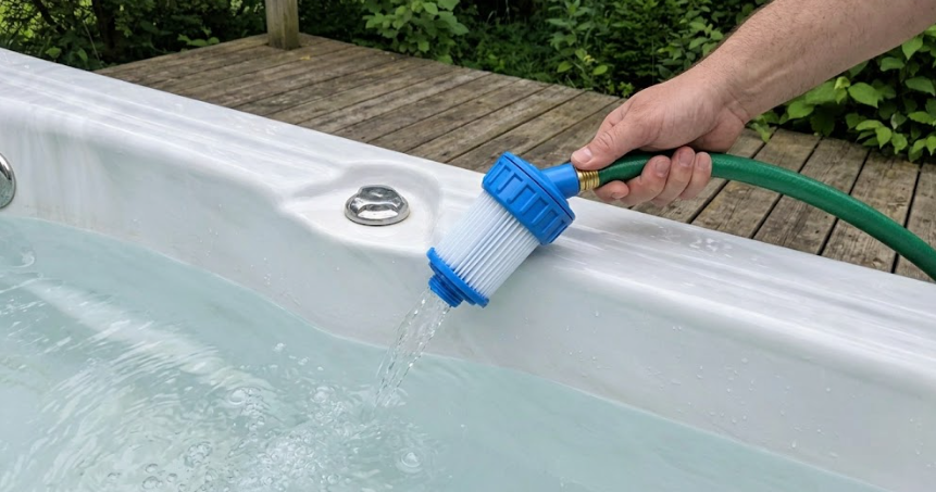utilisation du préfiltre sur le tuyau d'arrosage lors du remplissage