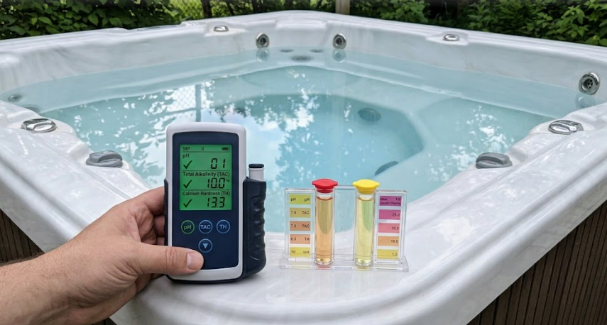 les outils de mesure (numérique et manuel) nécessaires pour contrôler les trois paramètres chimiques clés (le spa a maintenant de l'eau claire).