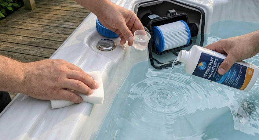 nettoyage de la ligne d'eau avec une éponge non abrasive et ajout de séquestrant anti-calcaire