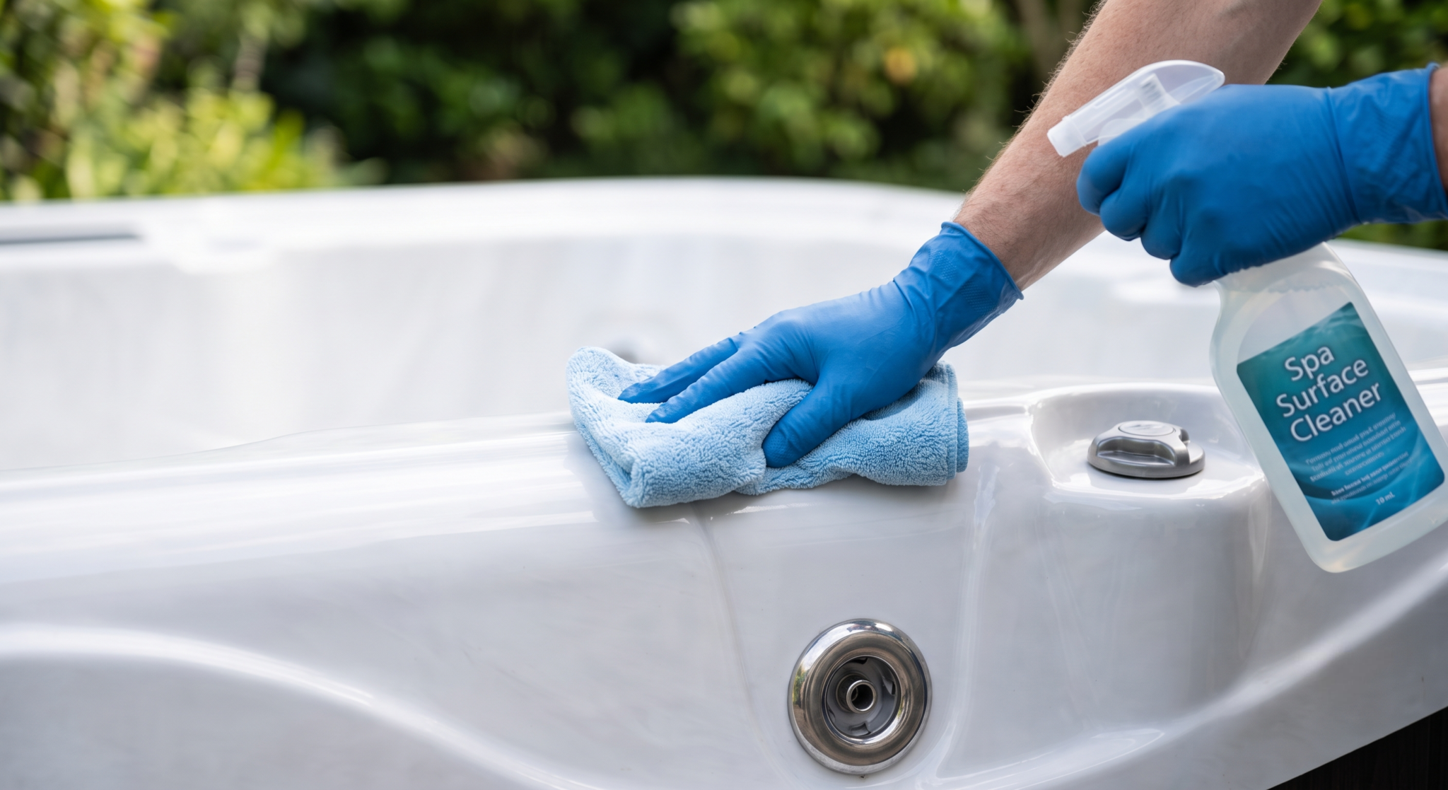 Gros plan d'une main gantée frottant doucement la surface acrylique brillante d'un spa vide avec un chiffon microfibre bleu et un spray nettoyant spécial spa.