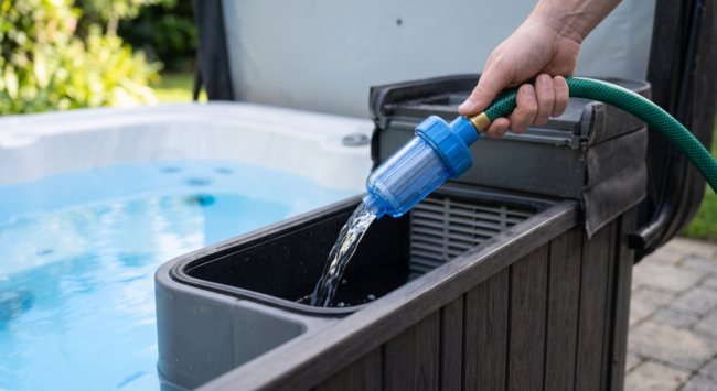Gros plan d'un tuyau d'arrosage équipé d'un préfiltre bleu transparent inséré dans le compartiment de filtration d'un spa extérieur pour le remplissage d'eau pure.
