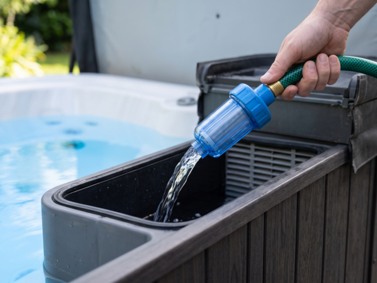 Gros plan d'un tuyau d'arrosage équipé d'un préfiltre bleu transparent inséré dans le compartiment de filtration d'un spa extérieur pour le remplissage d'eau pure.