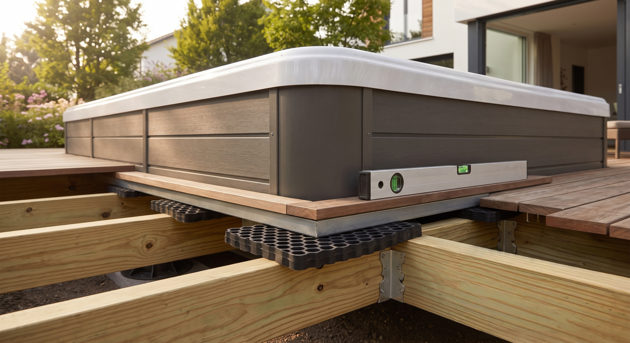 utilisation d'un niveau à bulle et de plots antivibratiles sous la structure, garantissant le silence et la longévité de l'installation.