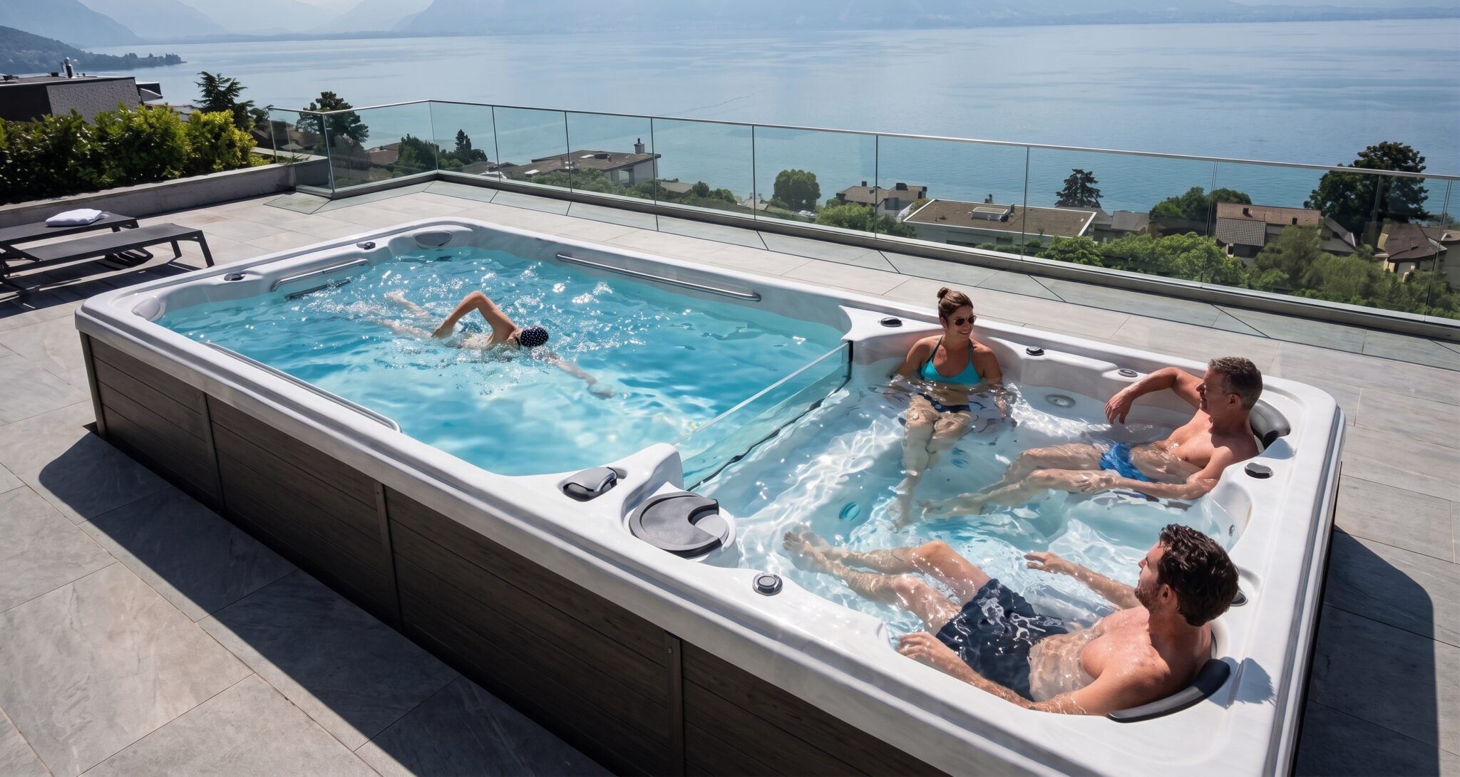 Le spa sur la terrasse en bois avec vue sur le lac (montrant les deux zones).