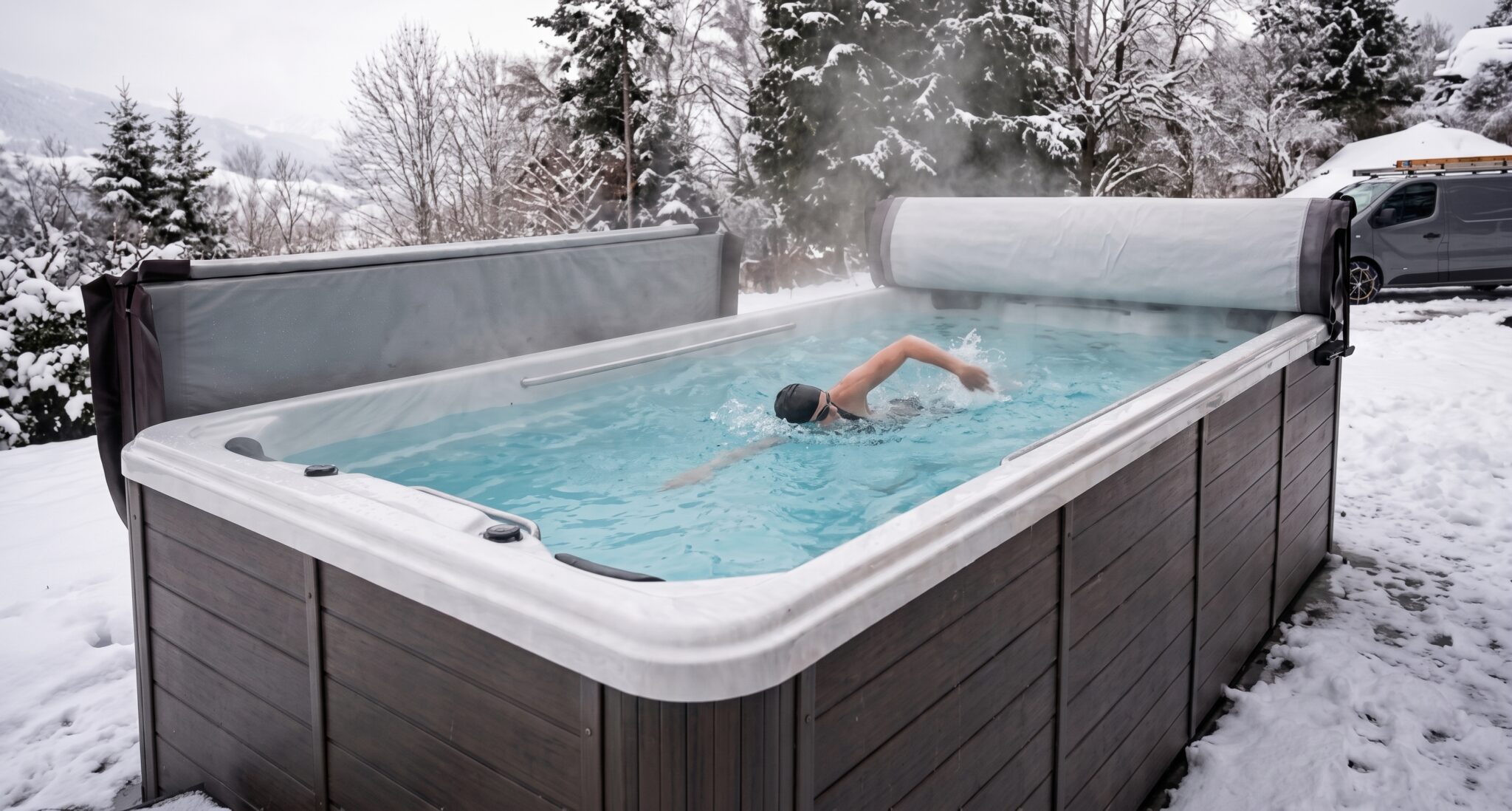 Le spa sous la neige avec la couverture thermique (vue technique).